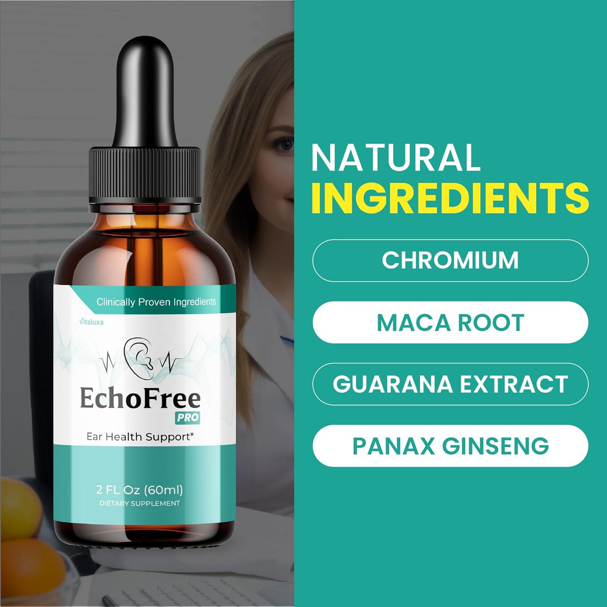 Tinnitus Relief Drops for Ringing Ears - EchoFree Liquid Supplement with Advanced Vitamins for Ear Health Support - 2oz