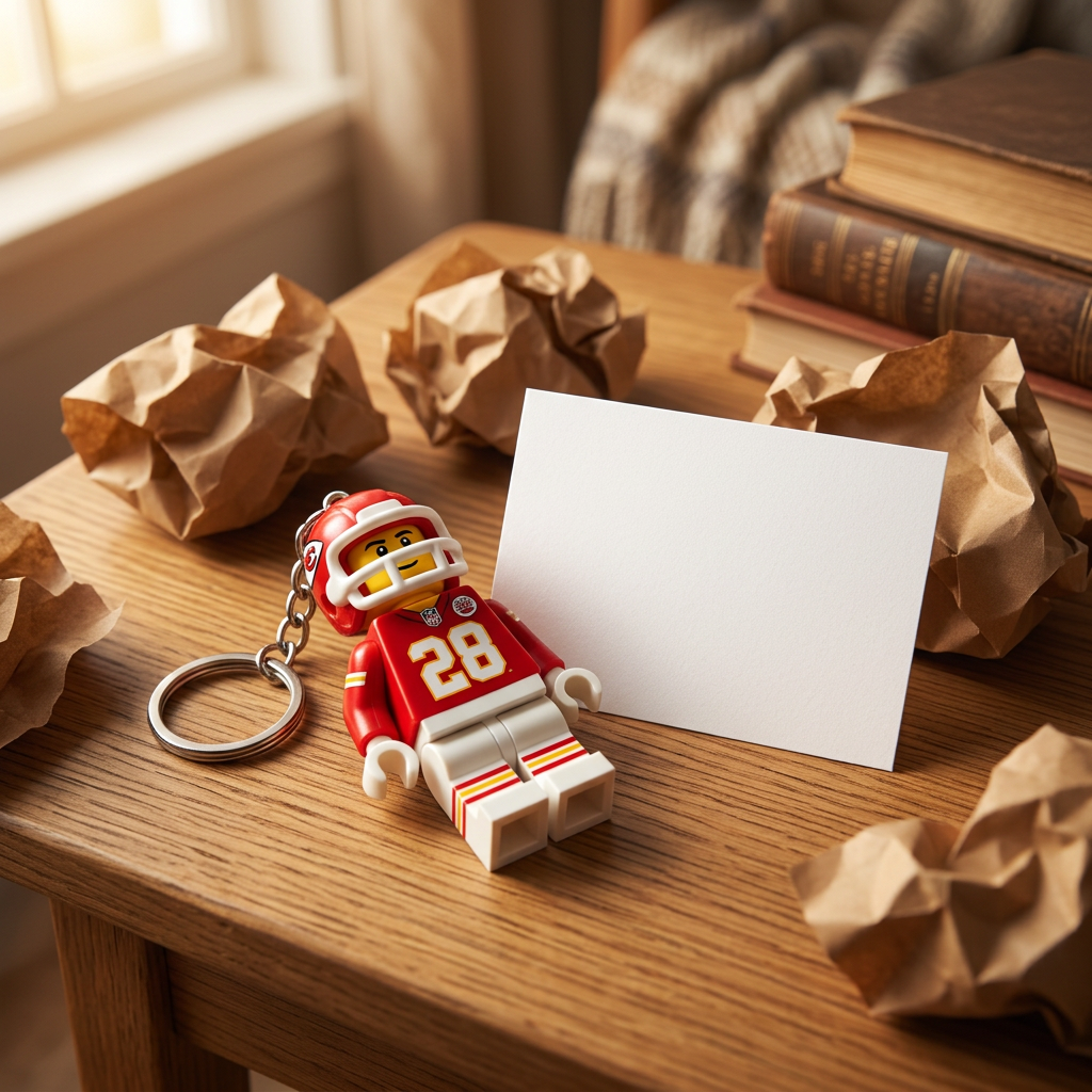 Football player keychain on a wooden table next to a blank gift card, ready for gifting