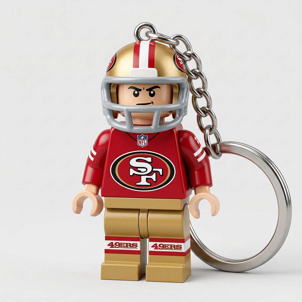 Block-style football player keychain in 49ers red and gold on a clean light background