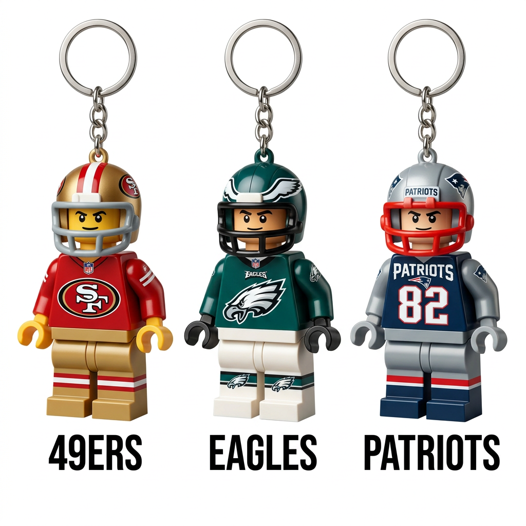 Three football player keychain styles with team names: 49ERS, EAGLES, PATRIOTS