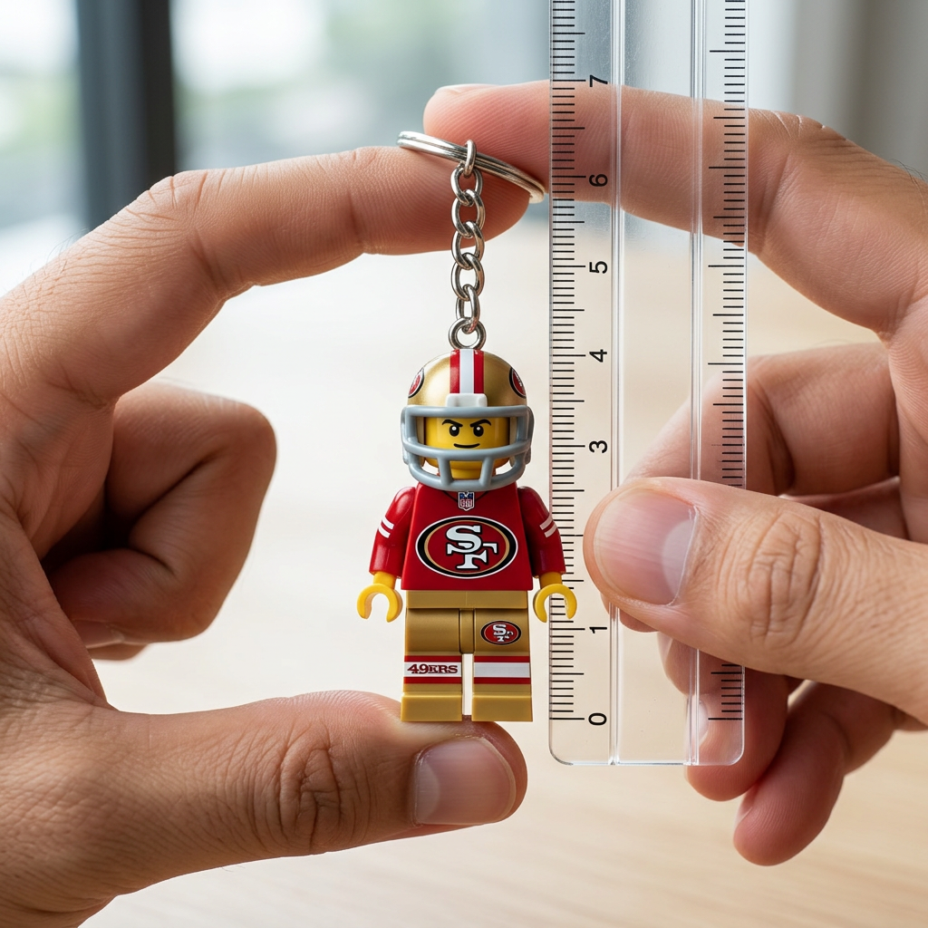 Hand holding the football player keychain next to a ruler showing it is about 5 cm tall