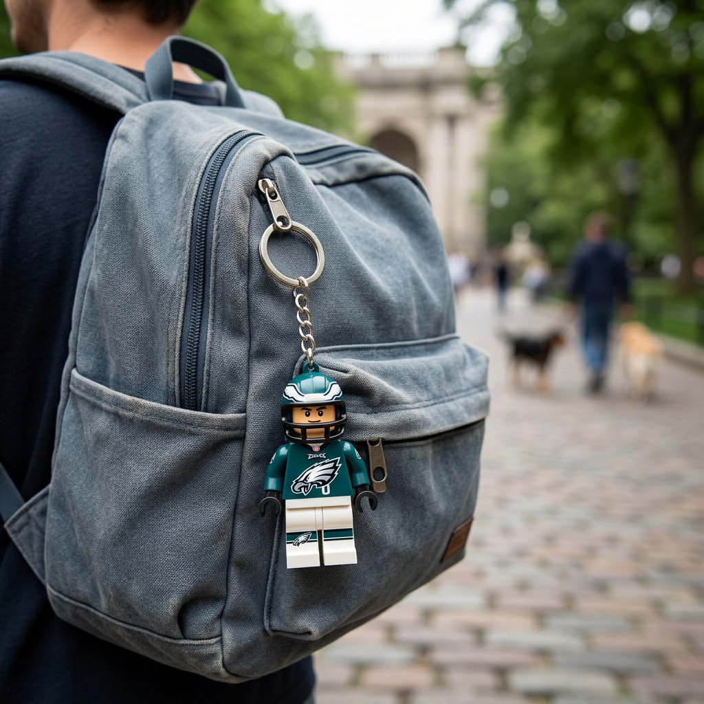 Football player keychain hanging from a backpack zipper in an everyday outdoor scene